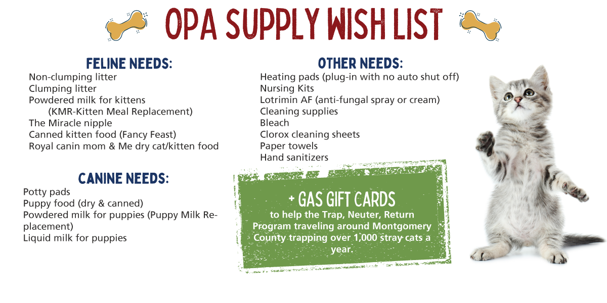 Opa supply wish list for animals